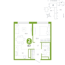2-комнатная, 38.7 м²