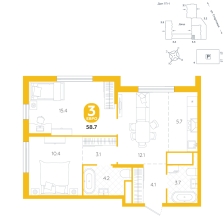 3-комнатная, 58.7 м²