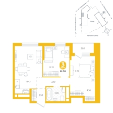 2-комнатная, 61.4 м²