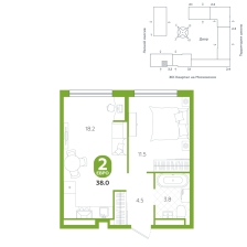 2-комнатная, 38 м²
