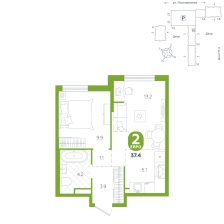 2-комнатная, 37.4 м²