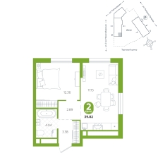 1-комнатная, 39.8 м²