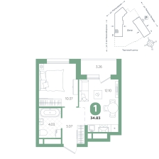 1-комнатная, 34.8 м²