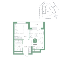 1-комнатная, 34.8 м²