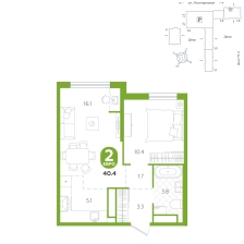2-комнатная, 40.4 м²
