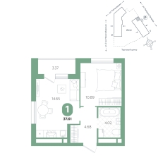 1-комнатная, 37.6 м²