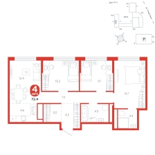 4-комнатная, 72.4 м²