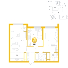 3-комнатная, 64.5 м²