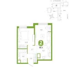 2-комнатная, 38.3 м²