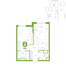 2-комнатная, 39 м²
