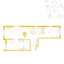 3-комнатная, 71.3 м²