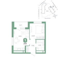 1-комнатная, 37.6 м²