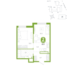 2-комнатная, 37.7 м²