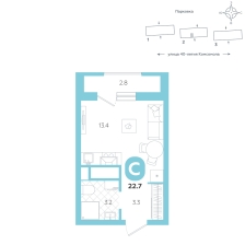Студия, 22.7 м²