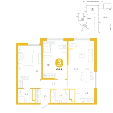 3-комнатная, 68.4 м²