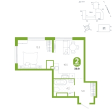2-комнатная, 39.9 м²