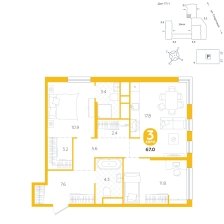 3-комнатная, 67 м²