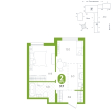 2-комнатная, 37.7 м²