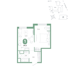 1-комнатная, 34.3 м²