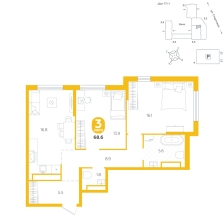 3-комнатная, 68.6 м²