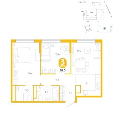 3-комнатная, 58 м²