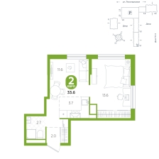 2-комнатная, 33.6 м²