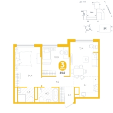 3-комнатная, 59.9 м²