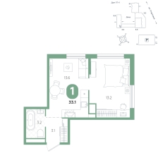 1-комнатная, 33.1 м²
