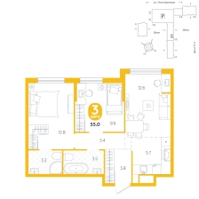 3-комнатная, 55 м²