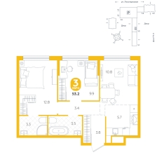 3-комнатная, 53.2 м²