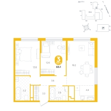 3-комнатная, 65.1 м²