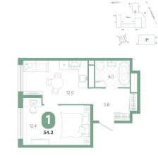 1-комнатная, 34.2 м²