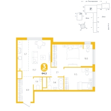 3-комнатная, 64.2 м²