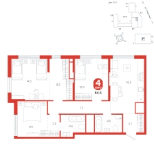 4-комнатная, 84.5 м²