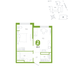2-комнатная, 45.3 м²