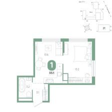 1-комнатная, 33.1 м²