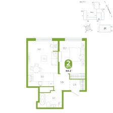 2-комнатная, 44.2 м²