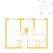 3-комнатная, 62.6 м²
