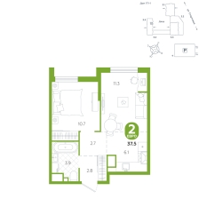 2-комнатная, 37.5 м²