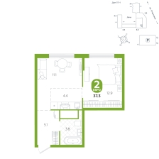 2-комнатная, 37.3 м²
