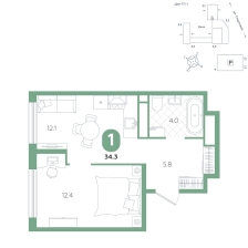 1-комнатная, 34.3 м²
