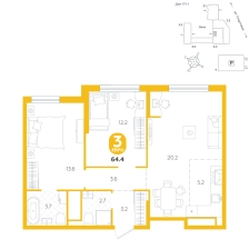 3-комнатная, 64.4 м²