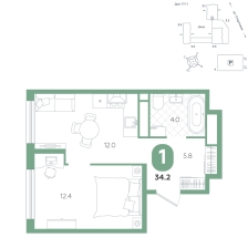 1-комнатная, 34.2 м²