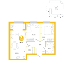 2-комнатная, 58.7 м²