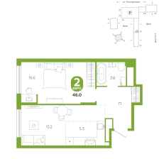 1-комнатная, 46 м²