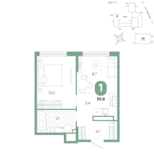 1-комнатная, 35.9 м²