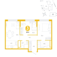 3-комнатная, 55.2 м²