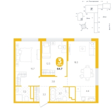 3-комнатная, 64.7 м²