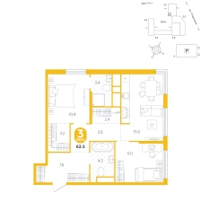 3-комнатная, 62.5 м²