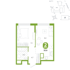 2-комнатная, 35.9 м²